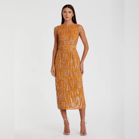 Mac Duggal 70264 NWT Abstract Beaded Sleeveless Midi Sheath Dress - Picture 1 of 7